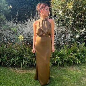 Olive Green Satin Look Halter Neck Open Back Maxi Dress Wedding Guest